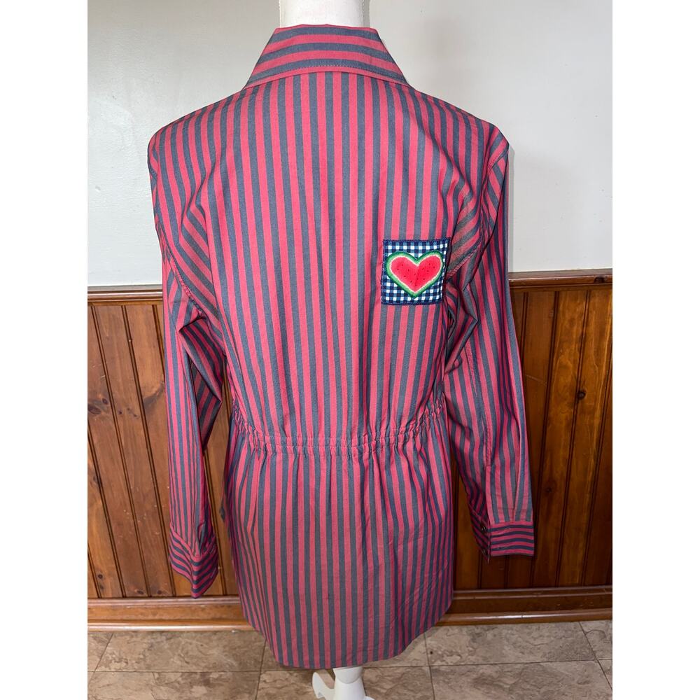 Womens Cabi Red Black Striped Button Down Regatta Shacket w/Patches Size M - Picture 6 of 10
